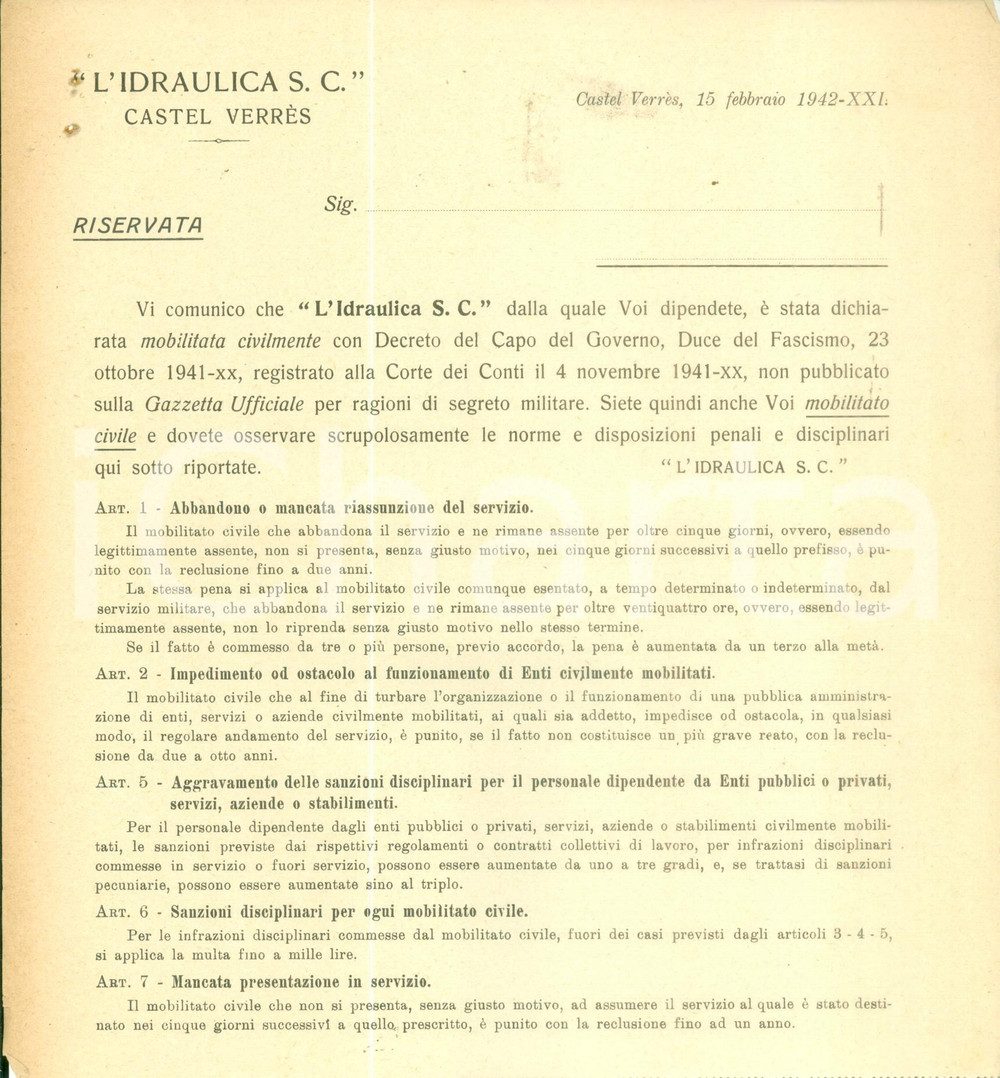 1942 CASTEL VERRES (AO) Mobilitazione civile Società L'IDRAULICA *Documento