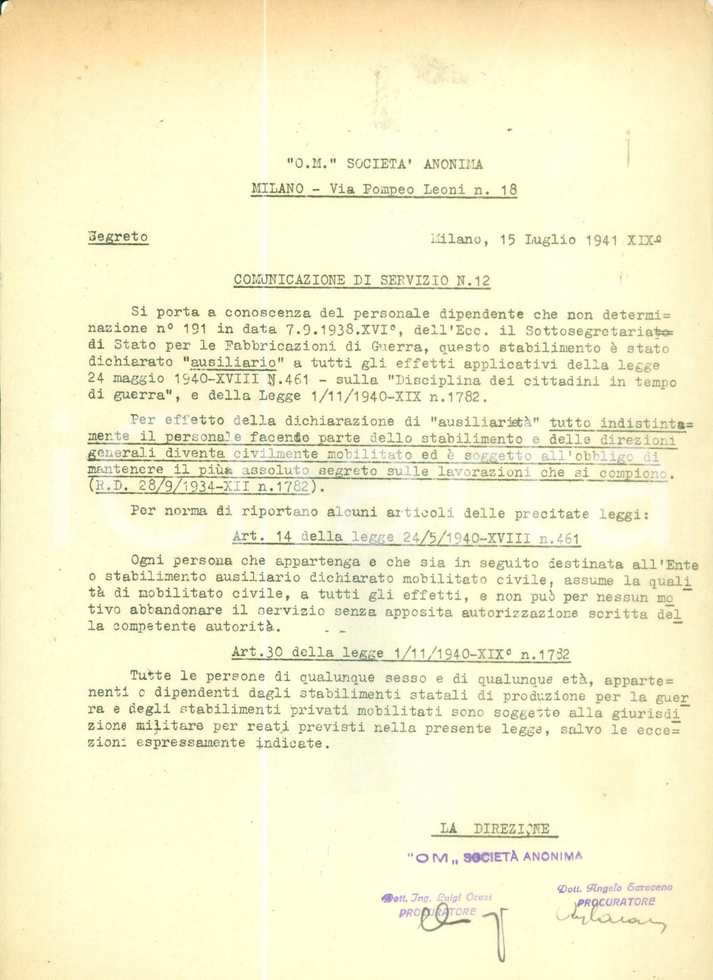 Documento originale, autentico 1941 MILANO SocietÃ  Anonima O.M. dichiarato stabilimento ausiliario Documento 1