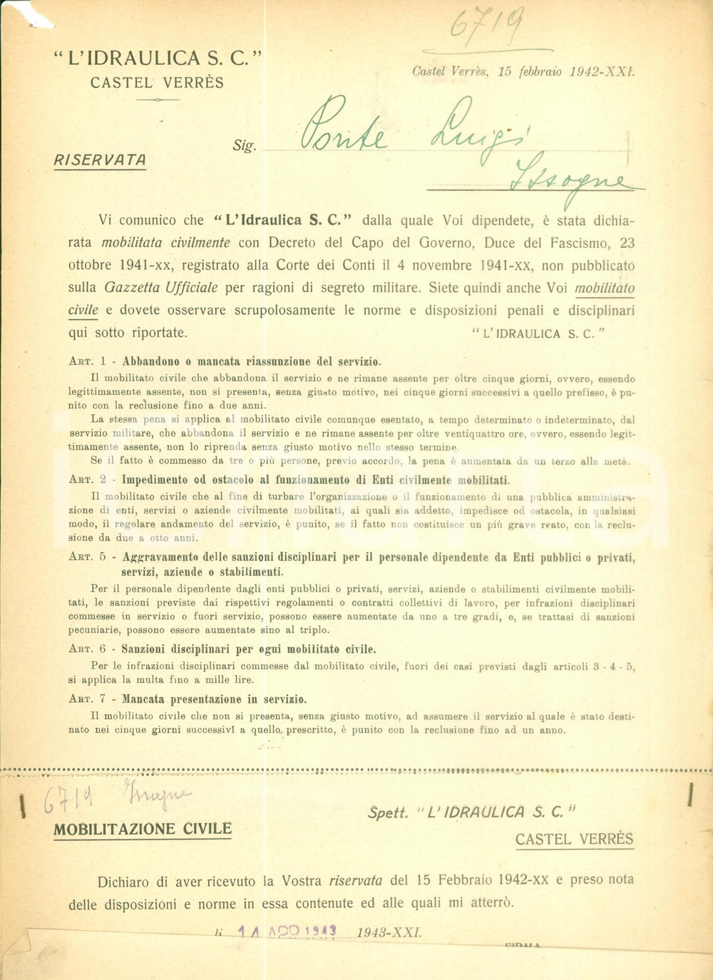 Documento originale, autentico 1942 CASTEL VERRES AO Mobilitazione civile della SocietÃ  L IDRAULICA 1