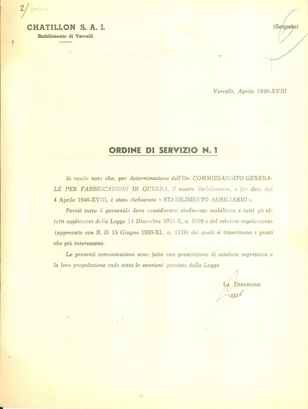 Documento originale, autentico 1940 VERCELLI Stabilimento CHATILLON Norme disciplina di guerra mobilitazione 1
