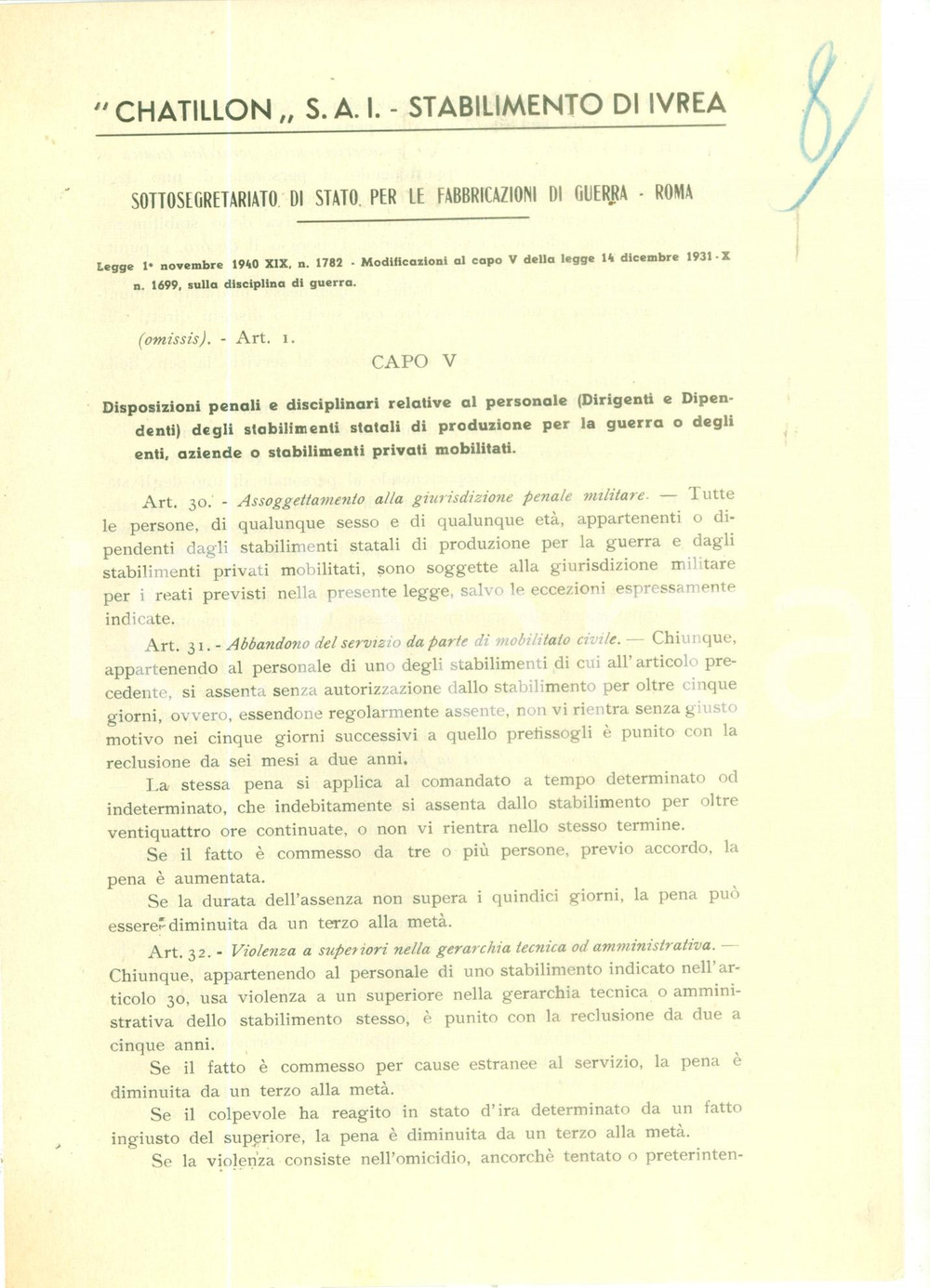 Documento originale, autentico 1940 ca IVREA TO Stabilimento di CHATILLON Disposizioni penali per personale 1