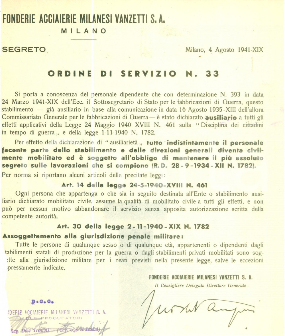 Documento originale, autentico 1941 MILANO Fonderie Acciaierie Milanesi VANZETTI S.A. mobilitato civilmente 1