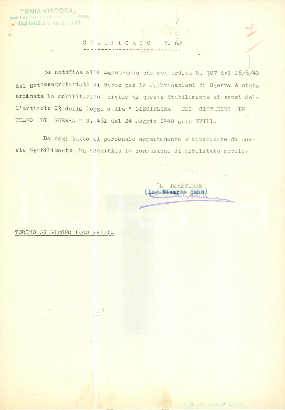 Documento originale, autentico 1940 TORINO WW2 Mobilitazione civile maestranze SNIA VISCOSA Documento 1