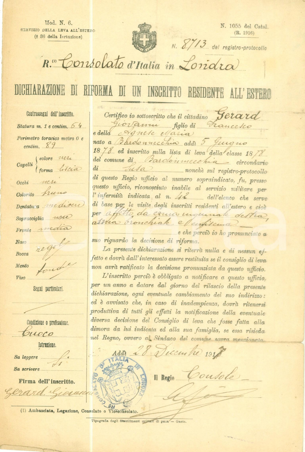1917 LONDRA WW1 Giovanni GERARD di BARDONECCHIA inabile al servizio militare