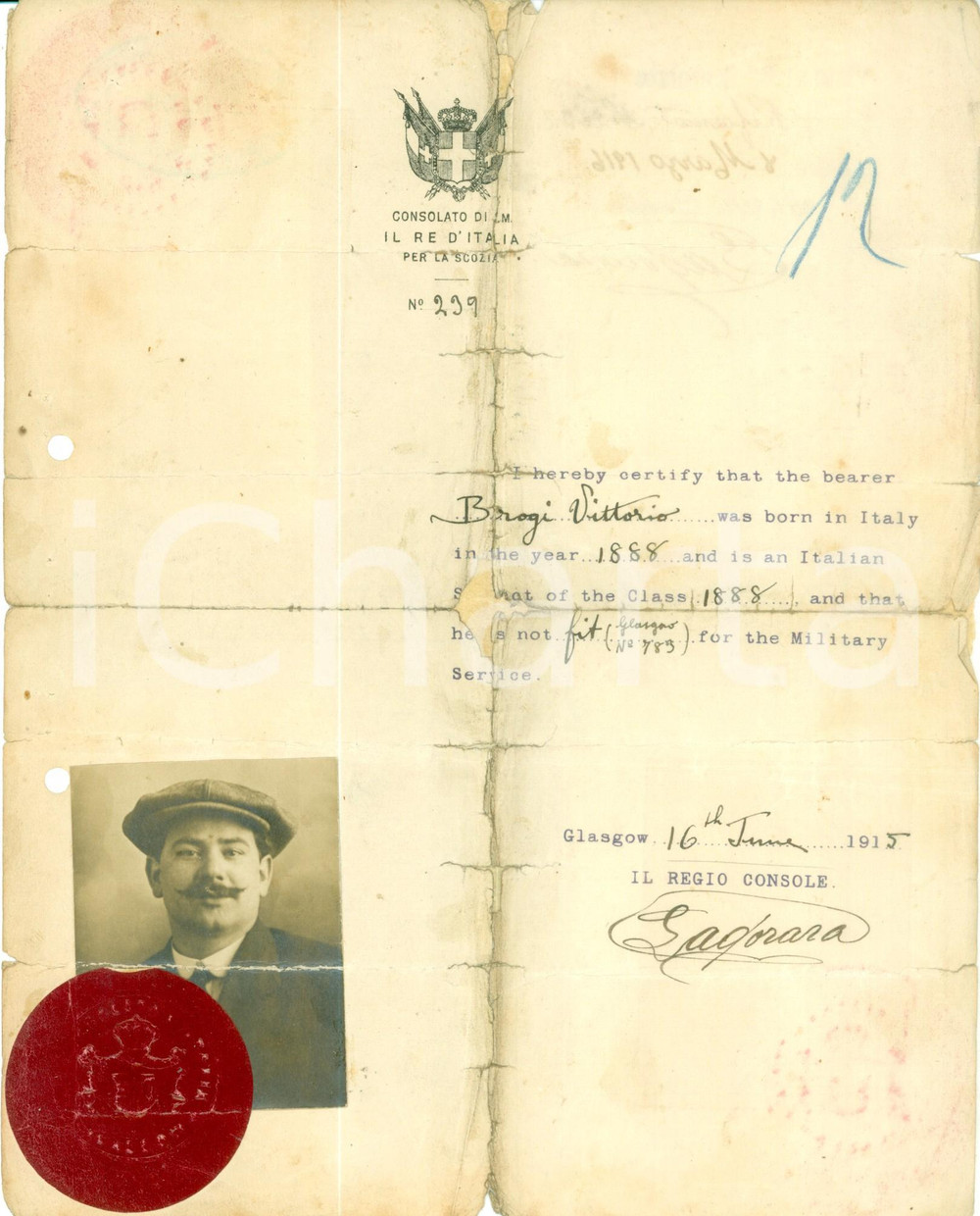 Documento originale, autentico 1915 GLASGOW SCOTLAND WW1 Vittorio BROGI inabile al servizio militare Con foto 1