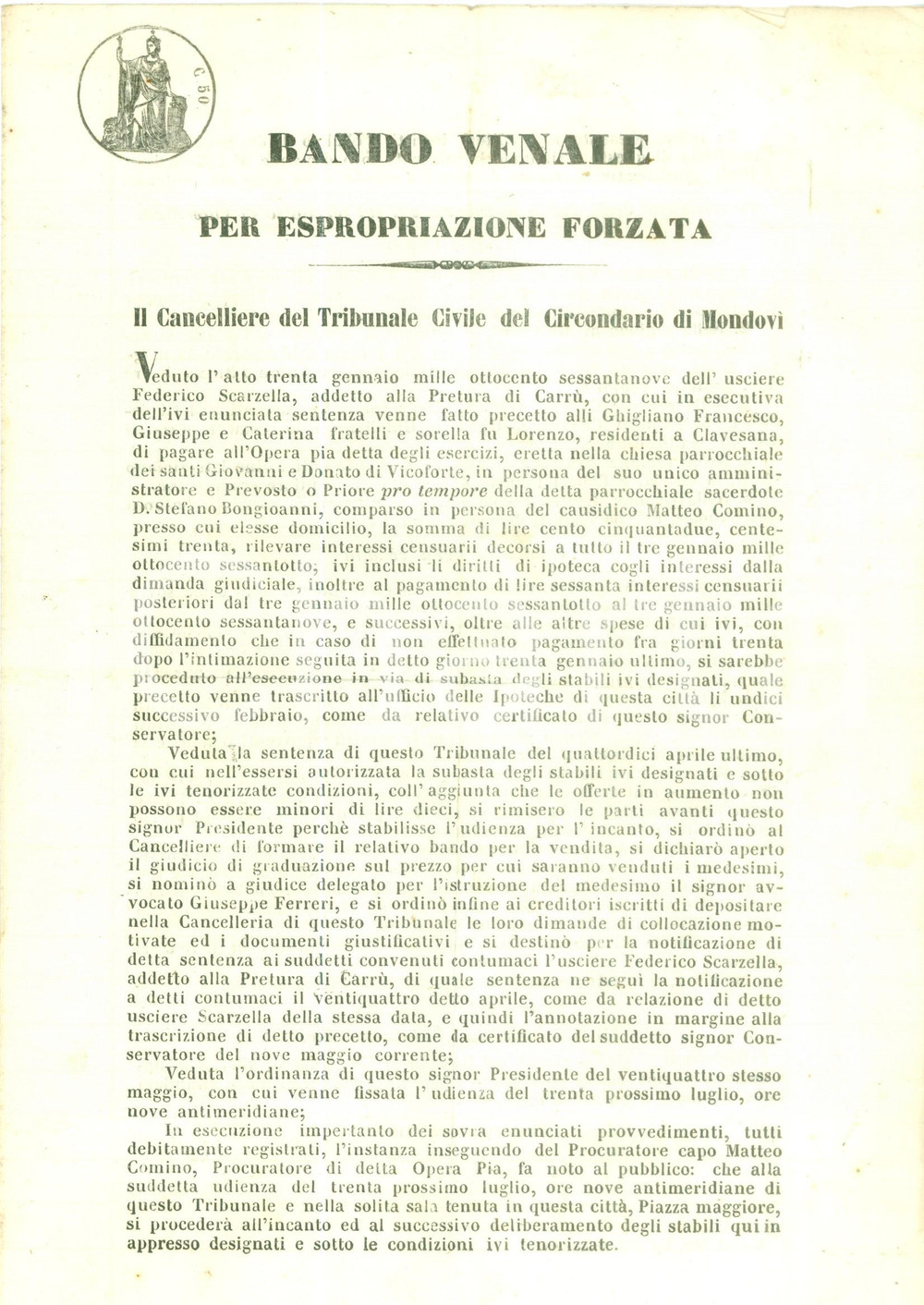 Documento originale, autentico 1869 MONDOVI  CN Bando d asta per immobili di espropriazione forzata Documento 1