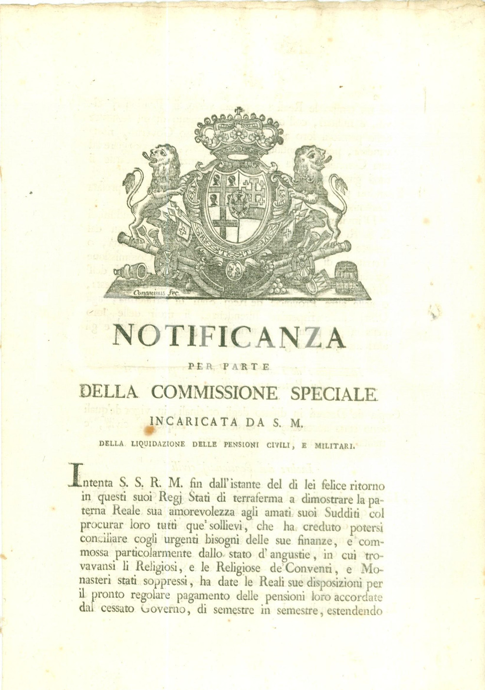 Documento originale, autentico 1815 TORINO Liquidazione pensioni civili e militari a pensionati religiosi 1
