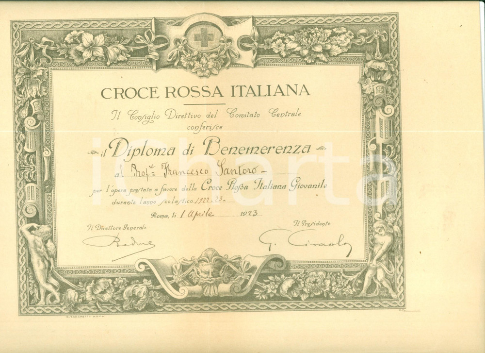 Documento originale, autentico 1923 ROMA CROCE ROSSA ITALIANA Francesco SANTORO Diploma di benemerenza 1