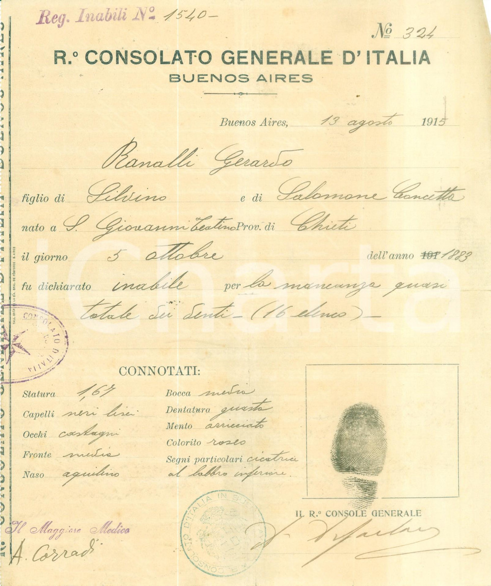Documento originale, autentico 1915 BUENOS AIRES WW1 Gerardo RANALLI inabile per mancanza dei denti Documento 1