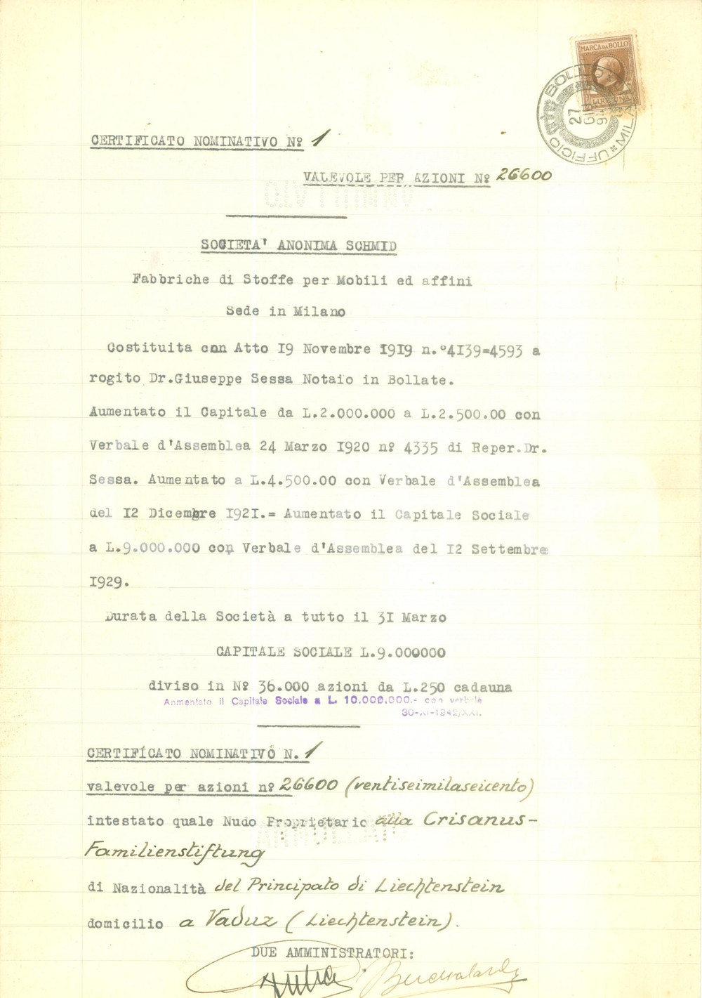 Documento originale, autentico 1942 MILANO Società Anonima SCHMID Certificato azionario provvisorio Documento 1 1