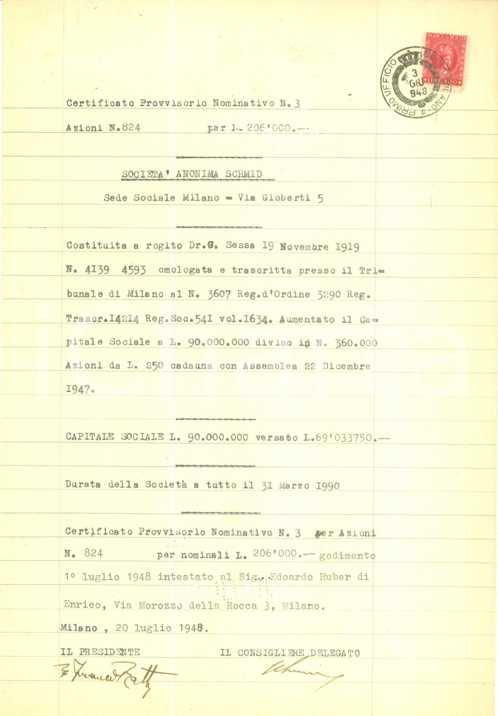 Documento originale, autentico 1948 MILANO Società Anonima SCHMID Certificato azionario provvisorio Documento 1