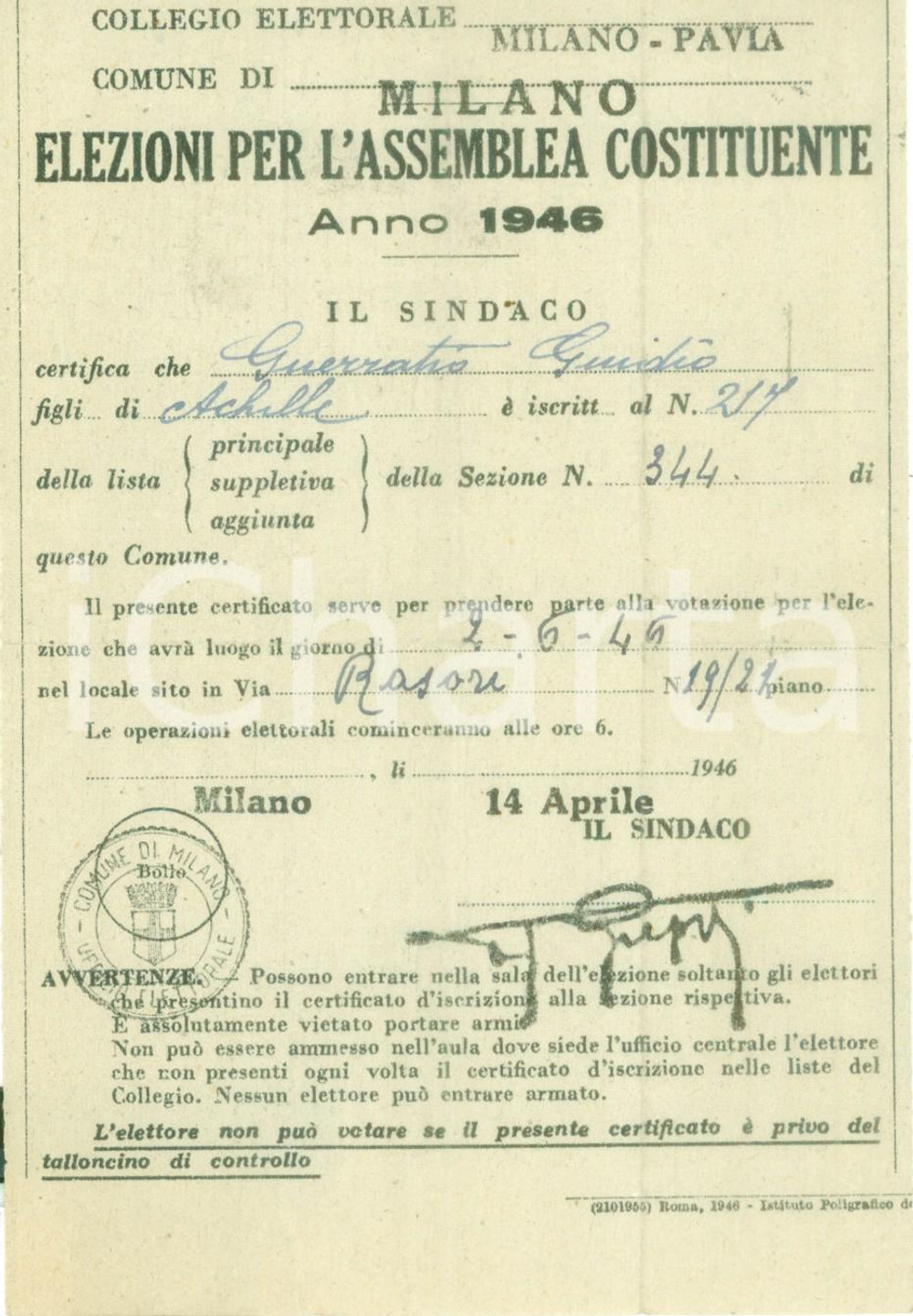 Documento originale, autentico 1946 MILANO Elezioni per l Assemblea Costituente Certificato elettorale 1