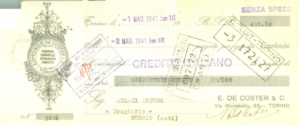 Documento originale, autentico 1941 TORINO Fabbrica E. DE COSTER Caramelle cioccolato Cambiale DANNEGGIATA 1