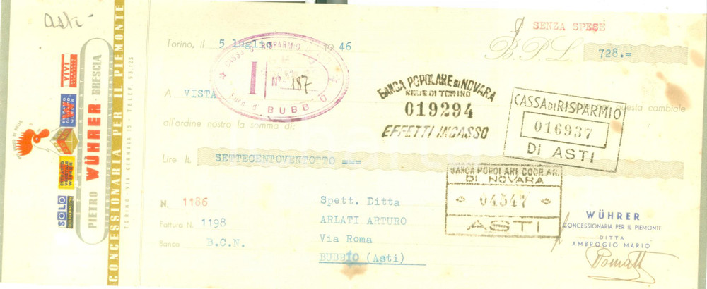 Documento originale, autentico 1946 BRESCIA Reparto prodotti alimentari Pietro WUHRER Cambiale 1