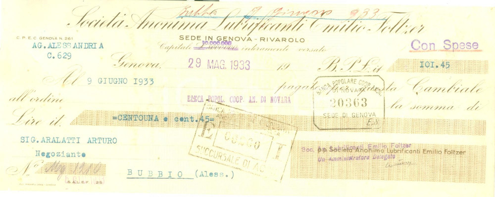 Documento originale, autentico 1933 GENOVA RIVAROLO SocietÃ  Anonima Lubrificanti Emilio FOLTZER Cambiale 1