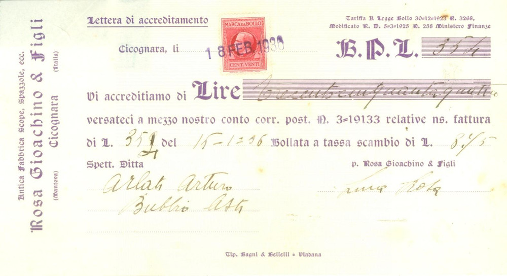 Documento originale, autentico 1936 CICOGNARA MN Antica fabbrica scope Rosa GIOACHINO & Figli Accreditamento 1