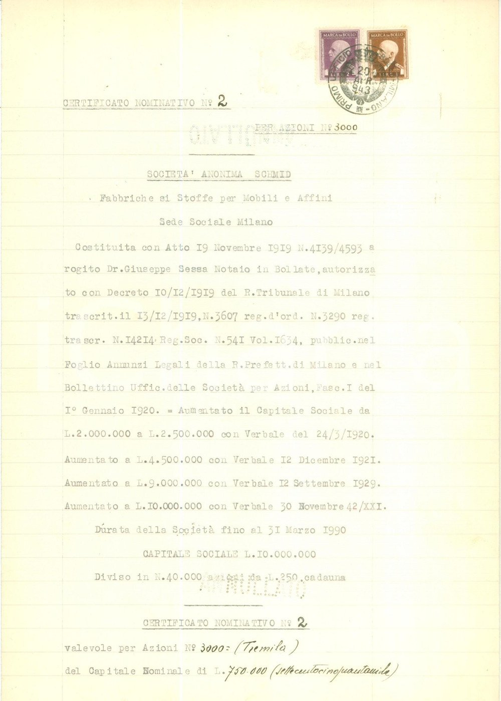 Documento originale, autentico 1943 MILANO SocietÃ  Anonima SCHMID Certificato azionario provvisorio Documento 1