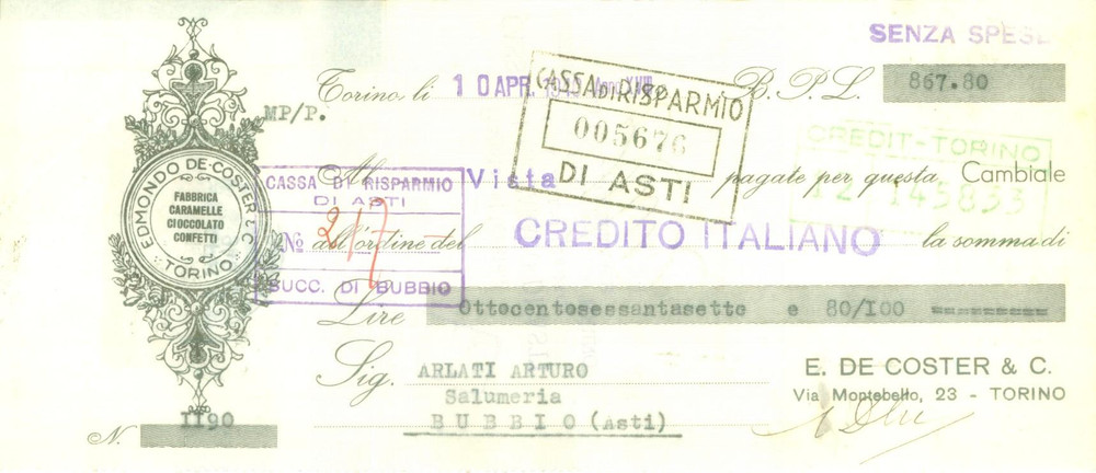 Documento originale, autentico 1940 TORINO Edmondo DE COSTER & C. Caramelle cioccolato confetti Cambiale 1