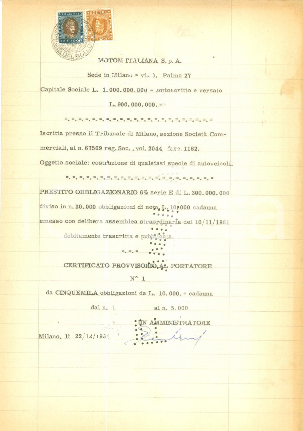 Documento originale, autentico 1961 MILANO SocietÃ  Anonima SCHMID Certificato azionario provvisorio Documento 1