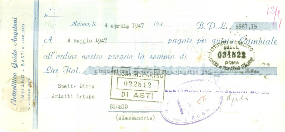 Documento originale, autentico 1947 FABRIANO AN Elettrolitica Guido ANGELONI di MELANO BASTIA Cambiale 1