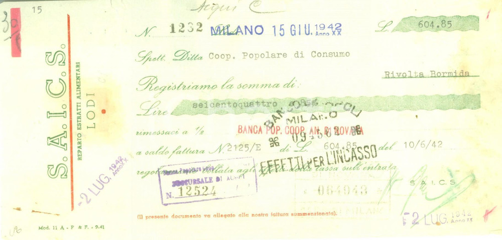 Documento originale, autentico 1942 LODI Reparto estratti alimentari S.A.I.C.S. Lettera di accreditamento 1