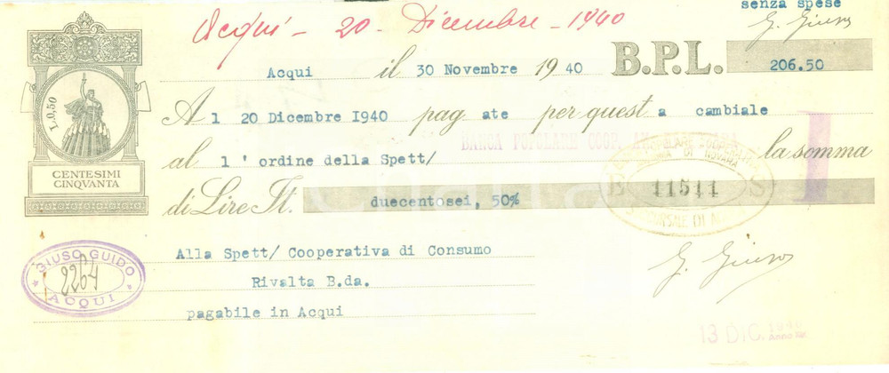 Documento originale, autentico 1940 ACQUI TERME AL Banca Popolare Cooperativa Lombarda Cambiale 1