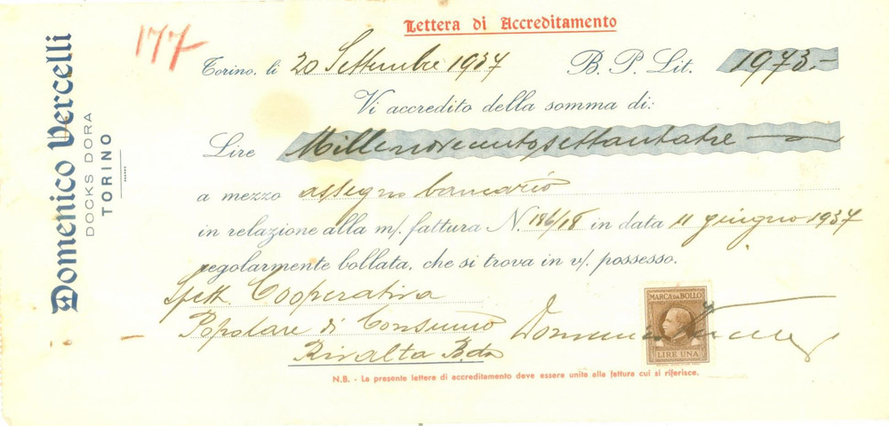 Documento originale, autentico 1937 TORINO DOCKS DORA Domenico VERCELLI Lettera di accreditamento intestata 1