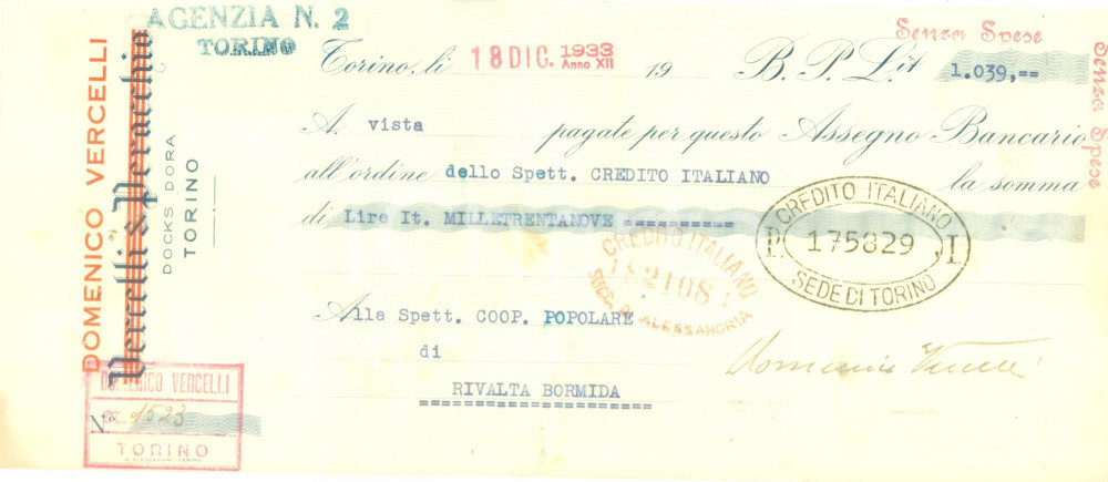 Documento originale, autentico 1933 TORINO DOCKS DORA Ditta Domenico VERCELLI Assegno bancario pubblicitario 1