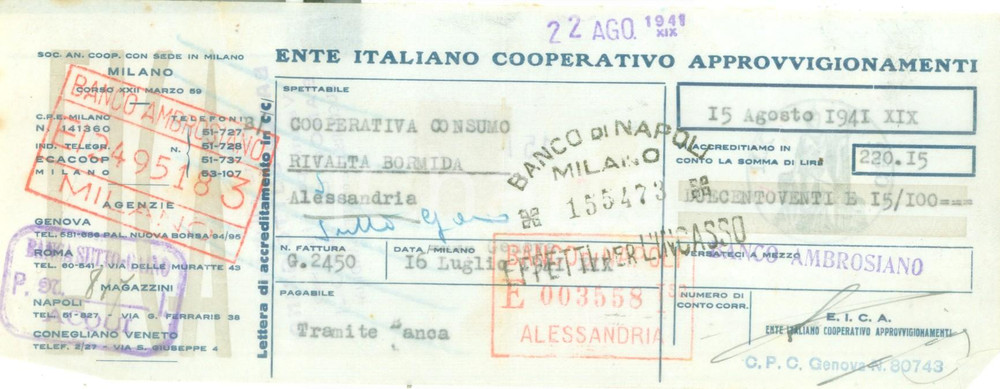 Documento originale, autentico 1941 NAPOLI Ente Italiano Cooperativo Approvvigionamenti Lettera di credito 1