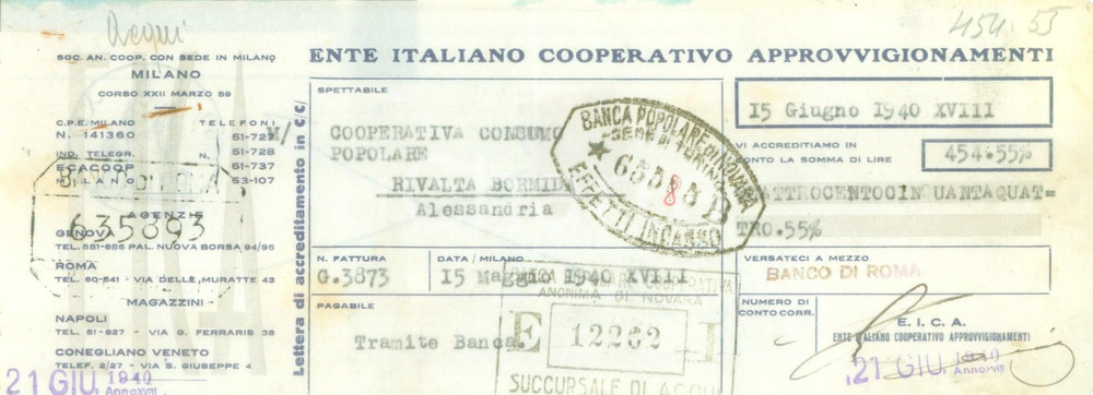 Documento originale, autentico 1940 NAPOLI Ente Italiano Cooperativo Approvvigionamenti  Lettera di credito 1