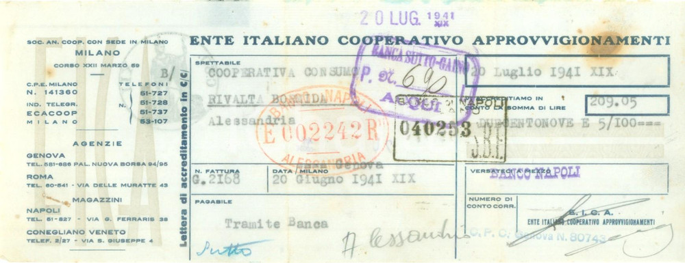 Documento originale, autentico 1941 NAPOLI Ente Italiano Cooperativo Approvvigionamento Lettera di credito 1