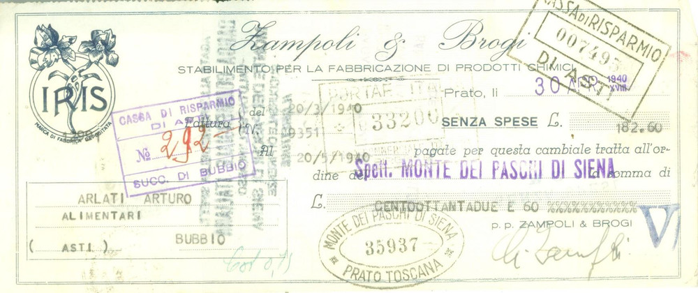 Documento originale, autentico 1940 PRATO Stabilimento fabbricazione prodotti chimici ZAMPOLI & BROGI IRIS 1