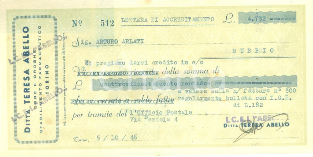 Documento originale, autentico 1946 TORINO Ditta Teresa ABELLO Erbe e droghe Lettera di accreditamento 1