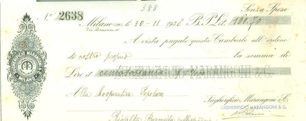 Documento originale, autentico 1938 MILANO Sugherificio MARANGONI Turaccioli depurati Cambiale pubblicitaria 1