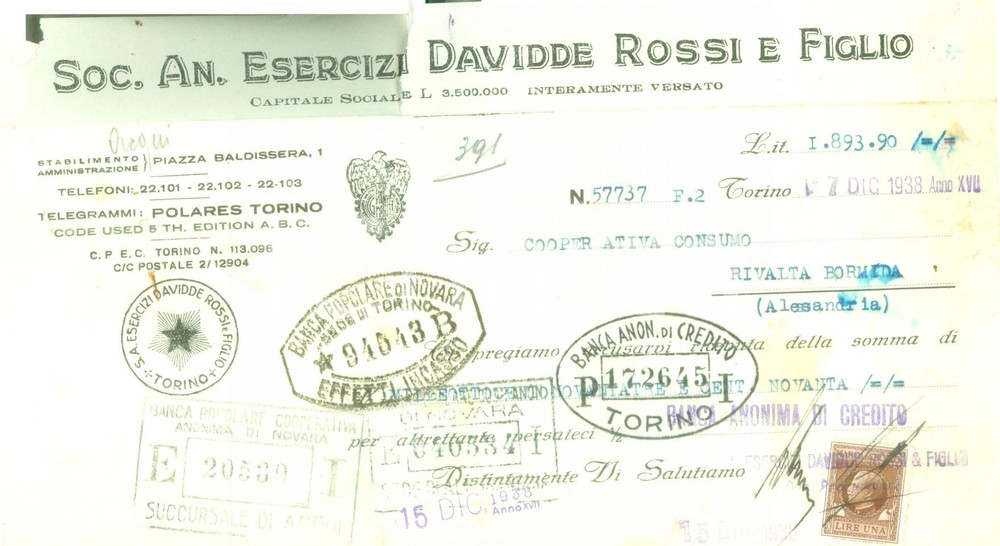 Documento originale, autentico 1938 TORINO Soc. A. Esercizi Davidde ROSSI e Figlio Ricevuta DANNEGGIATA 1