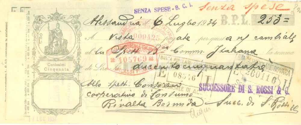 1934 ALESSANDRIA Banca Commerciale Italiana *Assegno pubblicitario