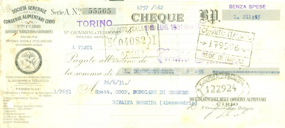 Documento originale, autentico 1931 SAN GIOVANNI A TEDUCCIO Conserva alimentari CIRIO Assegno pubblicitario 1
