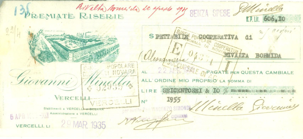Documento originale, autentico 1935 VERCELLI Premiate Riserie Giovanni MINELLA Cambiale pubblicitaria 1