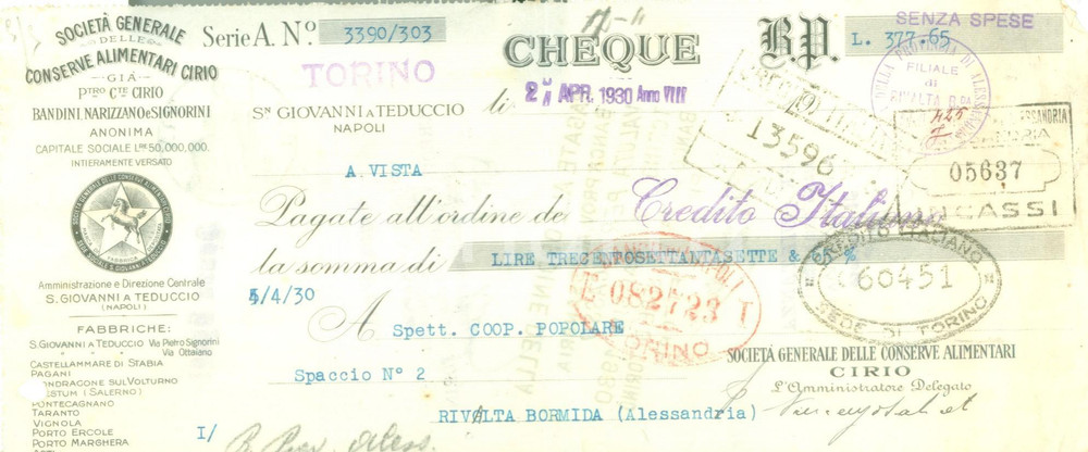Documento originale, autentico 1930 SAN GIOVANNI A TEDUCCIO Conserva alimentari CIRIO Assegno pubblicitario 1