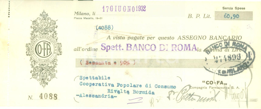 Documento originale, autentico 1932 MILANO Compagnia Farmaceutica CO.FA. Assegno bancario pubblicitario 1
