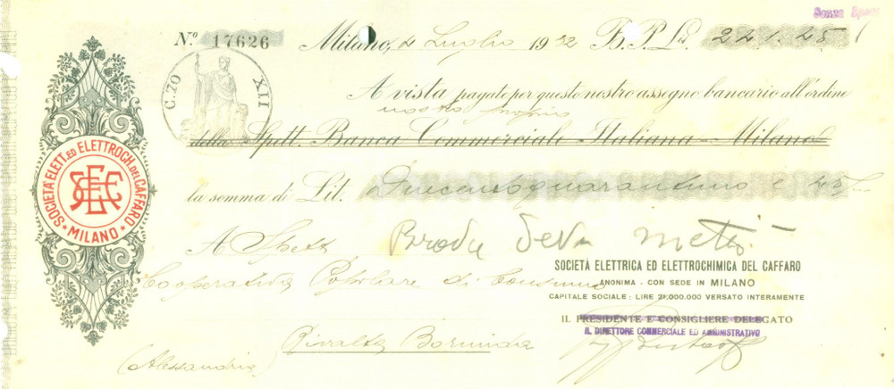 Documento originale, autentico 1932 MILANO Società Elettrica Elettrochimica del CAFFARO Assegno bancario 1 1
