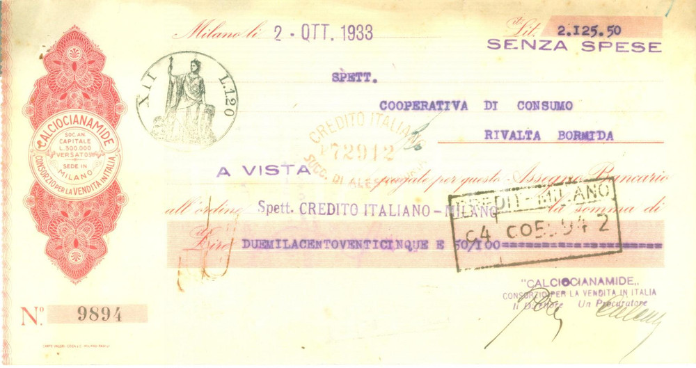 Documento originale, autentico 1933 MILANO Consorzio Calciocianamide Assegno bancario pubblicitario 1