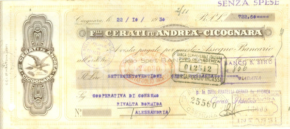 Documento originale, autentico 1930 VIADANA CICOGNARA MN Ditta Fratelli CERATI Assegno pubblicitario 1
