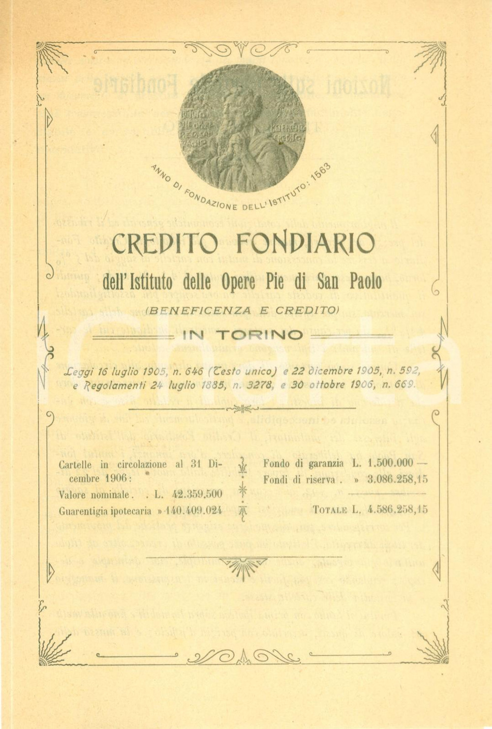 Documento originale, autentico 1907 TORINO Opere Pie SAN PAOLO Nozioni sulle cartelle del credito fondiario 1