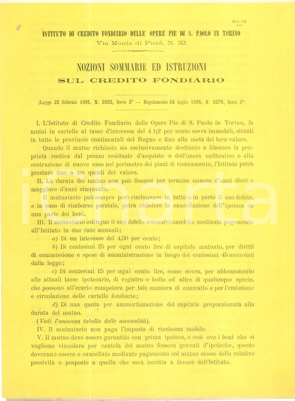 Documento originale, autentico 1886 TORINO Opere Pie SAN PAOLO Notizie sommarie e istruzioni credito fondiario 1