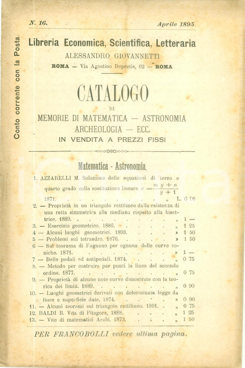 Libro, pubblicazione d epoca 1895 MILANO Libreria Alessandro GIOVANNETTI Catalogo libri scelti matematica 1