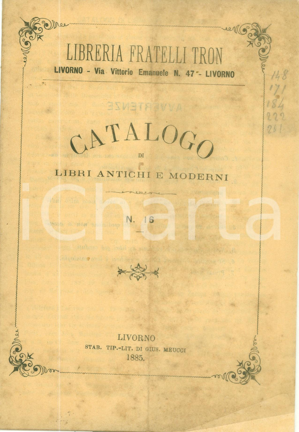 Giornale, rivista storica 1885 LIVORNO Libreria Fratelli TRON Cataogo libri antichi e moderni n. 16 1