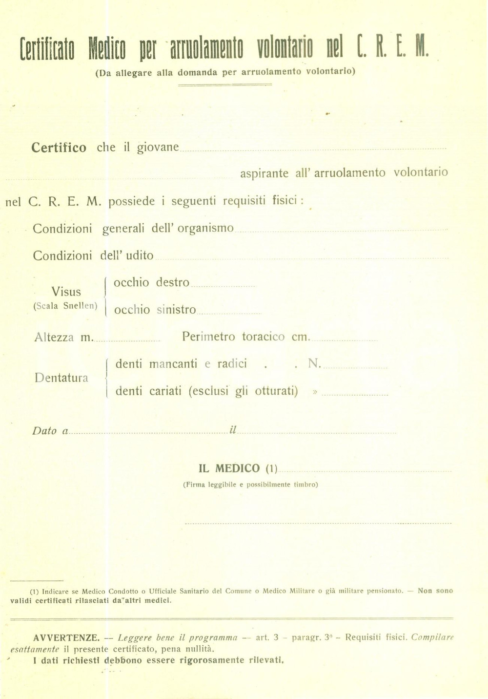 Documento originale, autentico 1935 REGIA MARINA Certificato medico arruolamento volontario CREM Non compilato 1