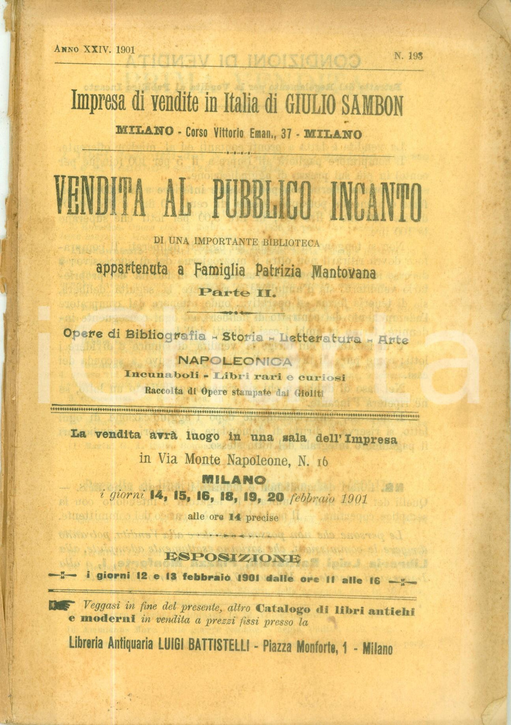 Giornale, rivista storica 1901 MILANO Vendita biblioteca Famiglia Patrizia mantovana Libreria SAMBON 1