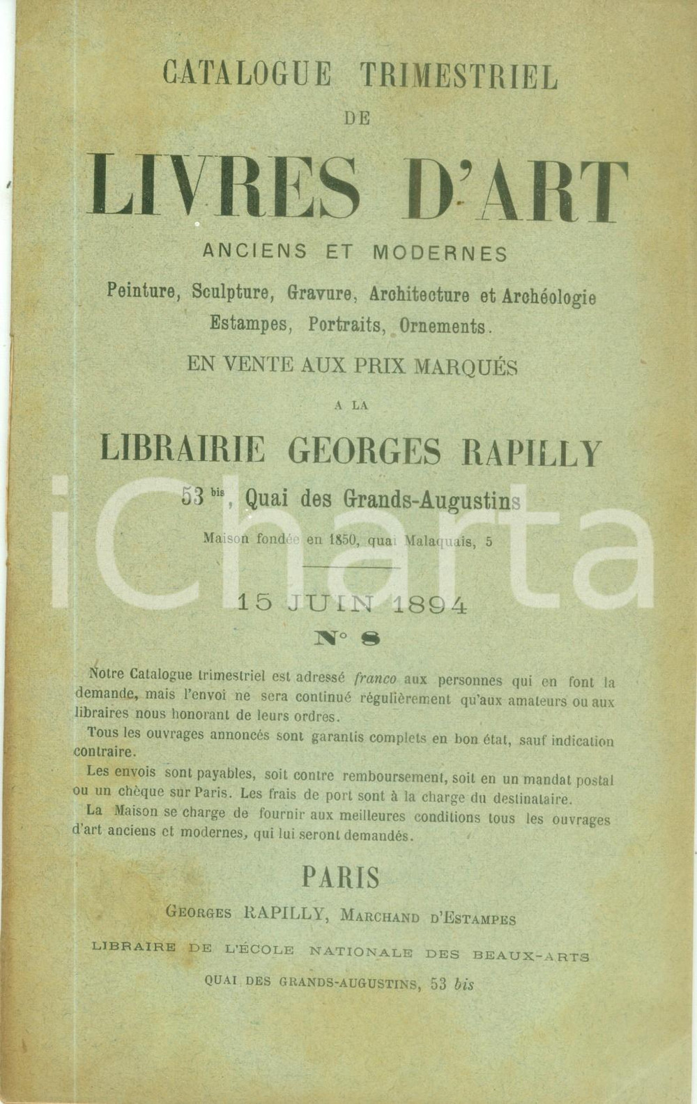 Giornale, rivista storica 1894 PARIS Bulletin mensuel de livres d art en vente chez RAPILLY Catalogo 8 1